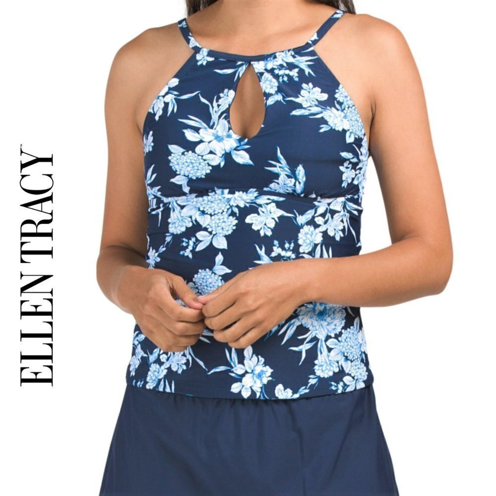 NWT ELLEN TRACY Wild Flowers Print High Neck Tankini Top
